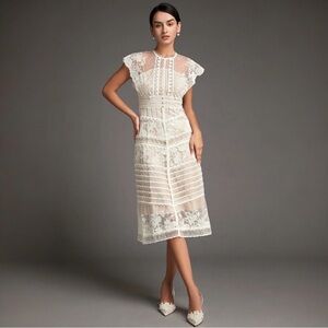 Sun Sea Floral Embroidered Cream Lace Midi Dress Size Large NEW